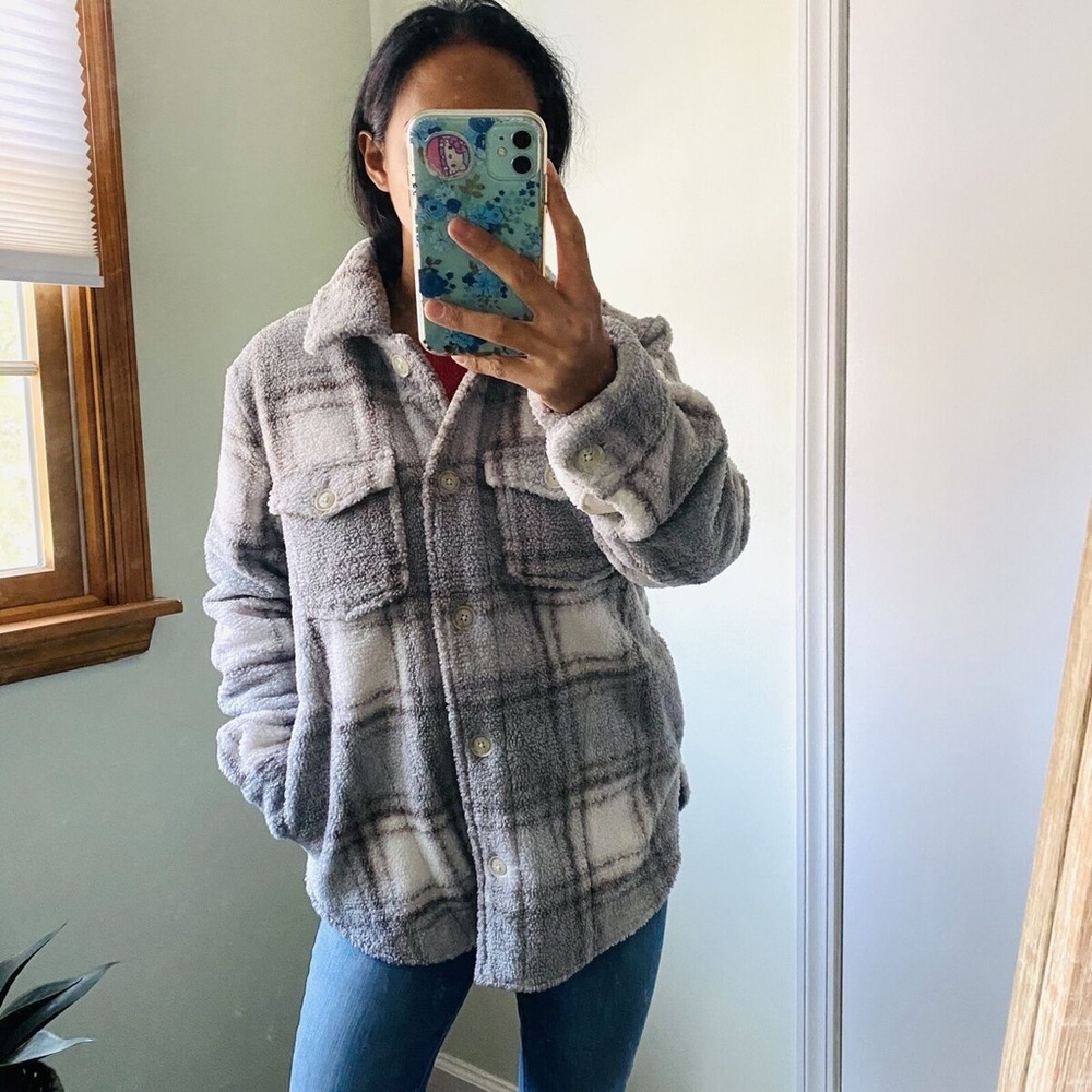 Abercrombie & Fitch Gray Plaid Sherpa Shirt Jacket